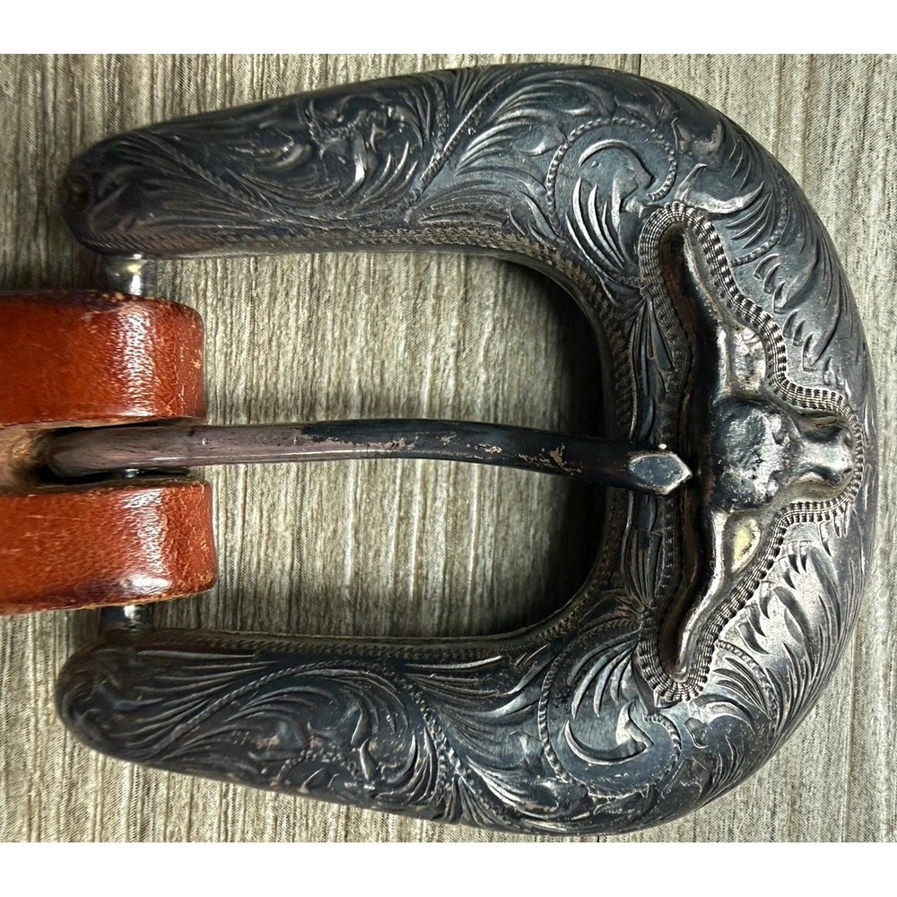 Vintage Hollywood Classics Sterling Silver Longhorn Buckle Leather Belt Size 44